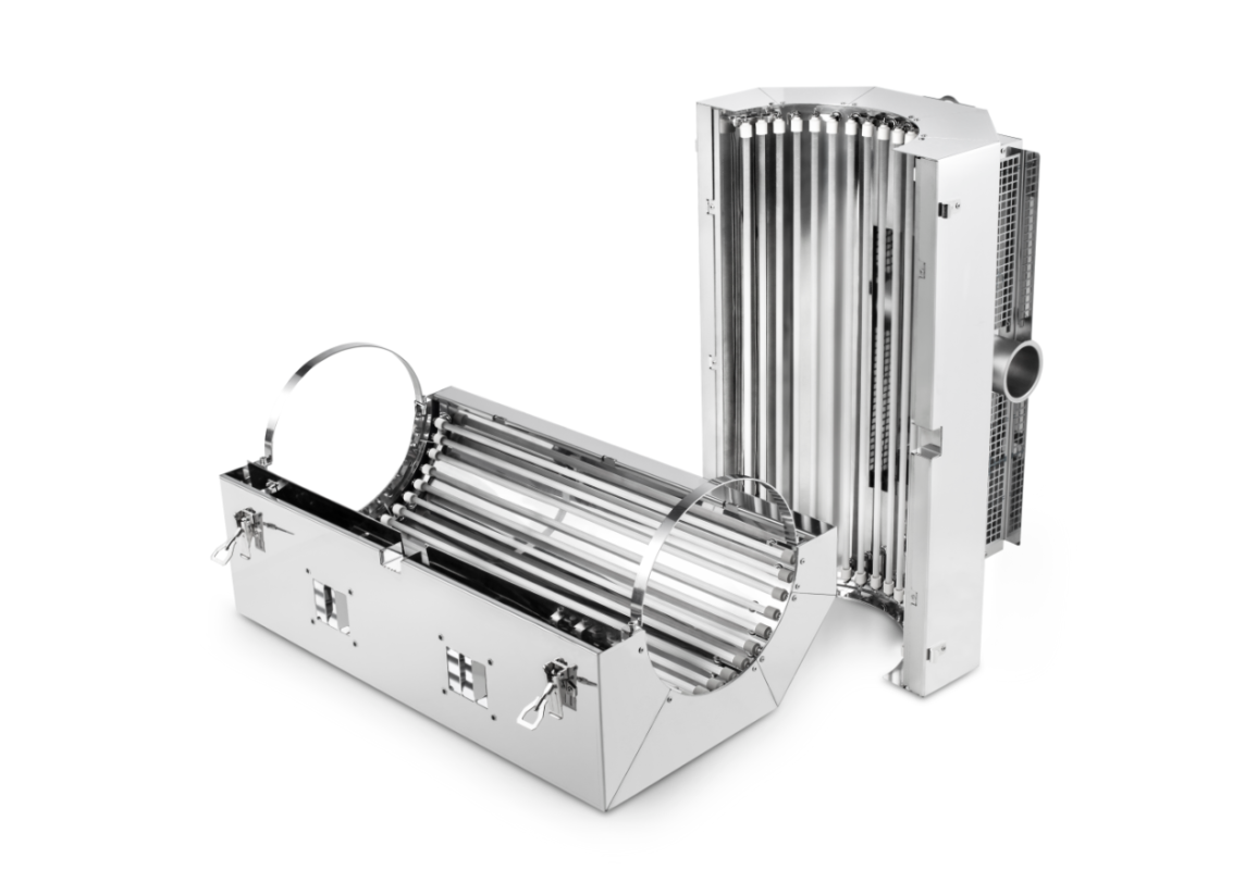 A silver grill with an open grill box next to it.