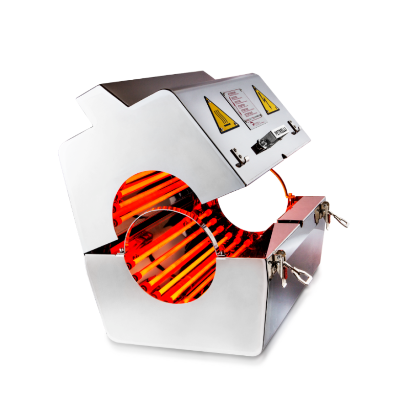A small metal box with an orange grill inside of it.