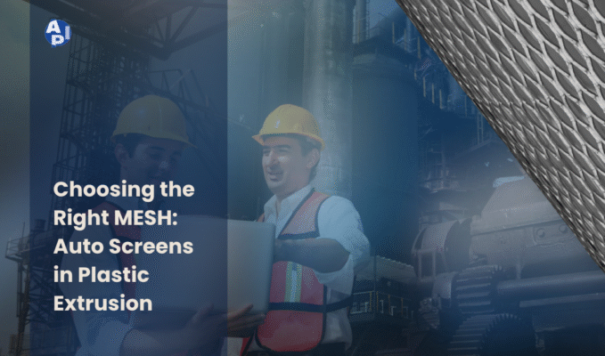 Workers in hard hats inspecting plastic extrusion machine