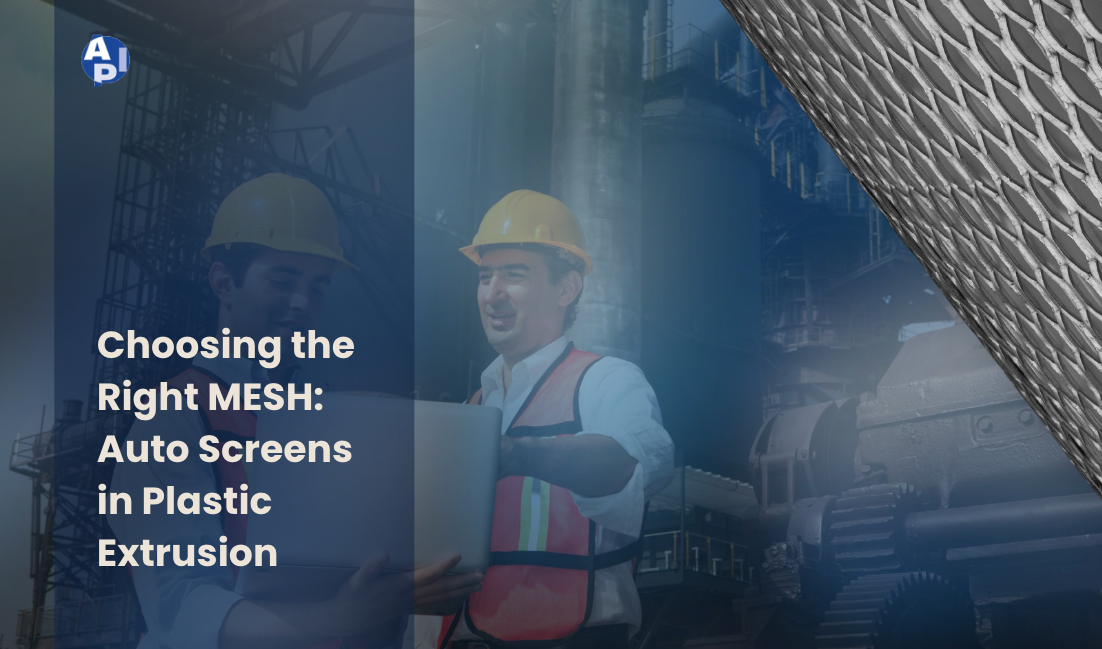 Workers in hard hats inspecting plastic extrusion machine